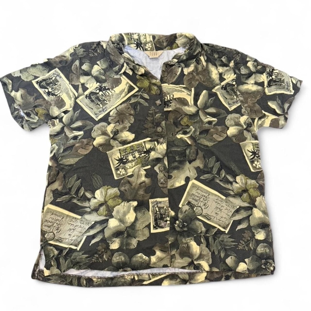 Teddi Vintage Hawaiian Postcard Button-Up Shirt, XL, Tropical Green & Black